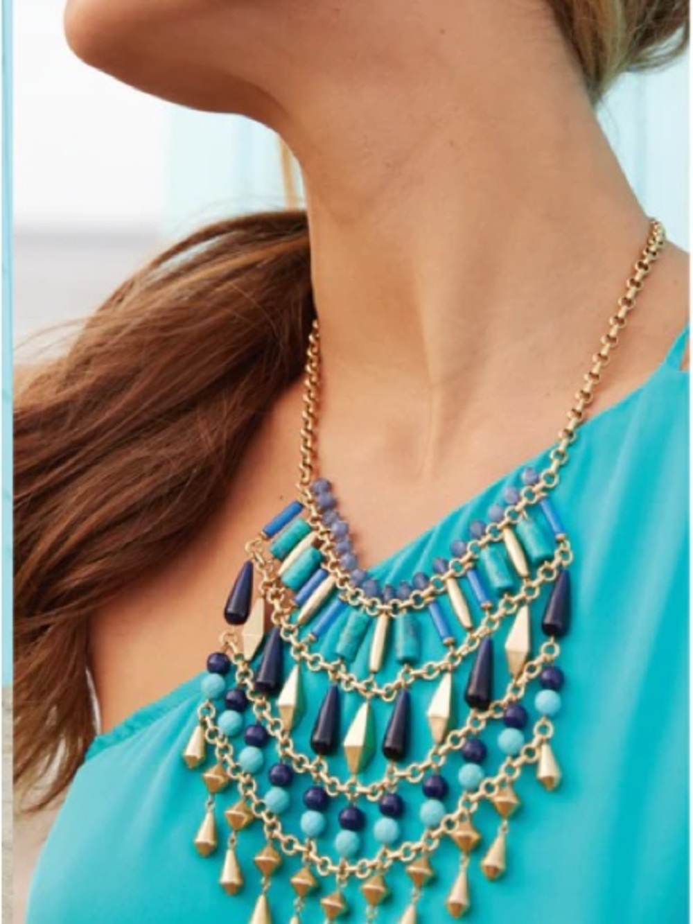 Stella & Dot Gold-Tone Bib Necklace with Turquoise, Navy Teal Beads Display - Picture 8 of 8